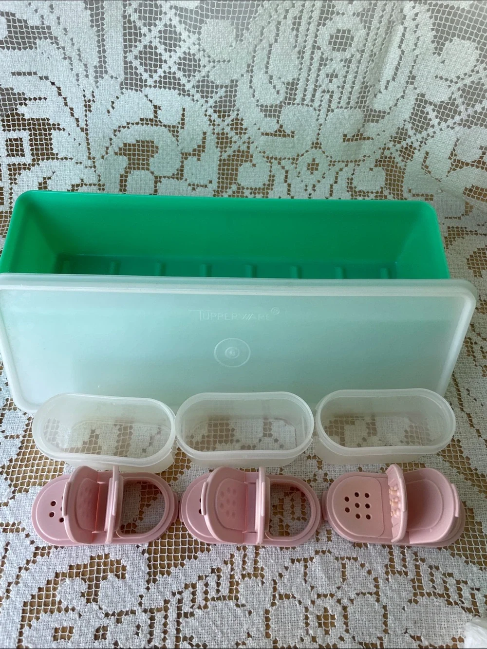 Green Plastic Colander with Pink-Lidded Storage Set